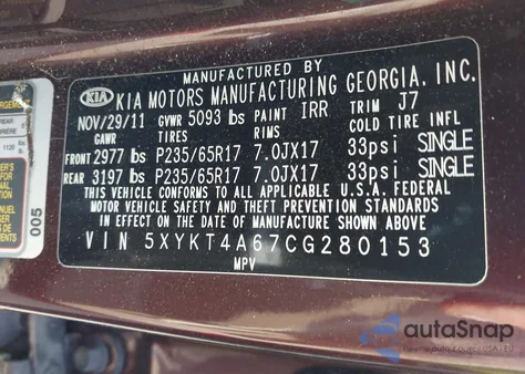 2012 Kia Sorento Lx z USA, uszkodzony, nr VIN 5XYKT4A67CG280153